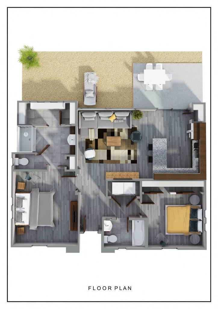 Floor plan for 2 beds, 2 baths, 962 sqft